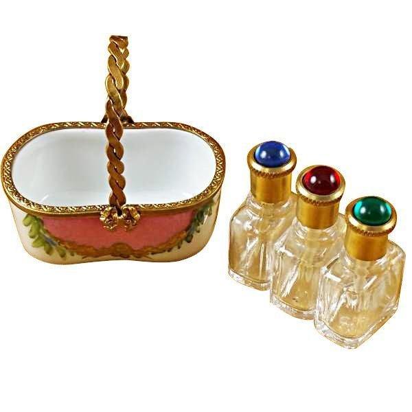 Pink Basket with Three Bottles limoges box Porcelain Limoges French Trinket Box