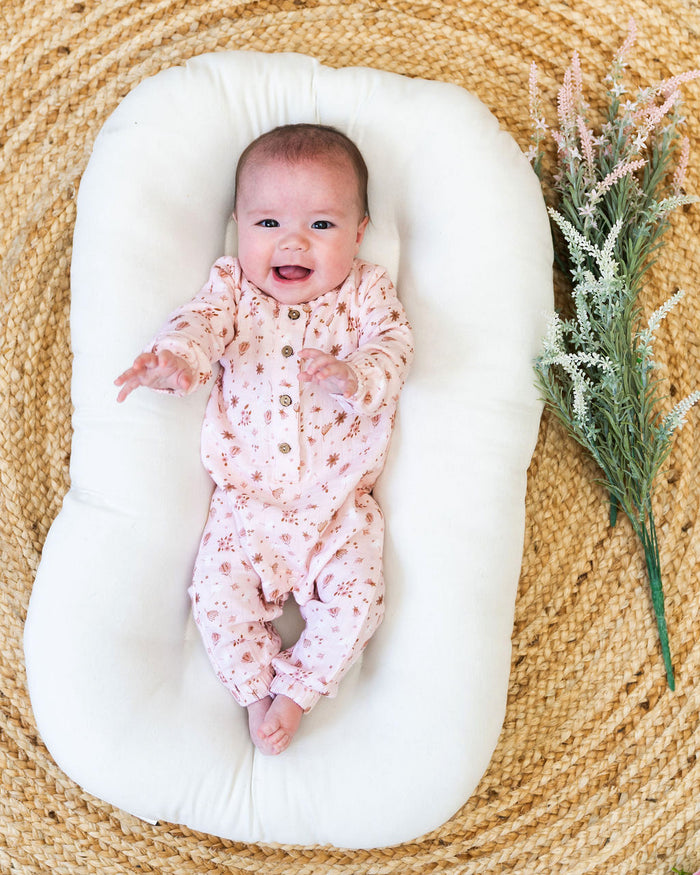 Pink Floral Long Sleeve Baby Jumpsuit (Organic Muslin)