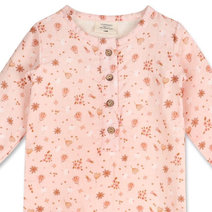Pink Floral Long Sleeve Baby Jumpsuit (Organic Muslin)