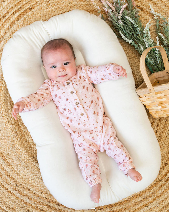 Pink Floral Long Sleeve Baby Jumpsuit (Organic Muslin)