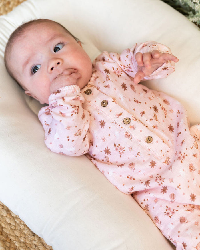 Pink Floral Long Sleeve Baby Jumpsuit (Organic Muslin)