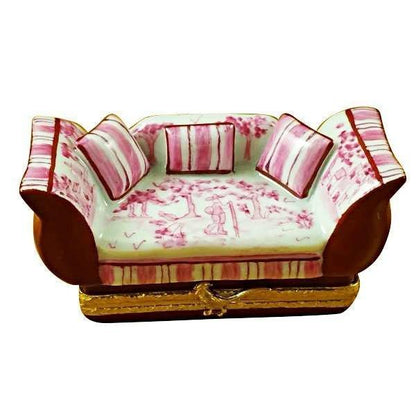 Pink Toile Sofa with Pillows limoges box Porcelain Limoges furniture French Trinket Box