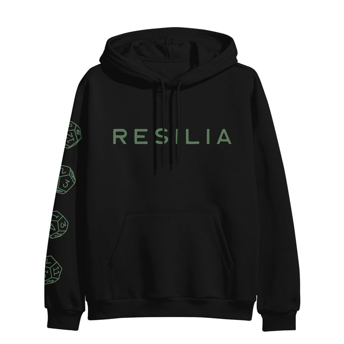 A black Resilia hoodie with "RESILIA" in green across the chest and green twenty-sided dice-inspired geometric shapes down the right sleeve.
