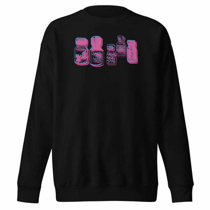 Black sweatshirt with pink popper bottle graphic design on a white background