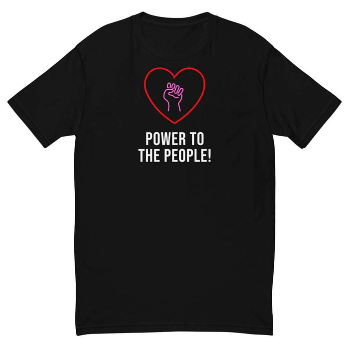 Black t-shirt with a red heart and white text 'Power to the People!' on a white background
