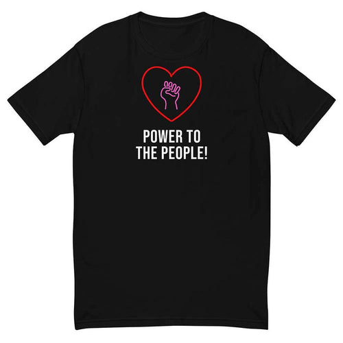 Black t-shirt with a red heart and white text 'Power to the People!' on a white background