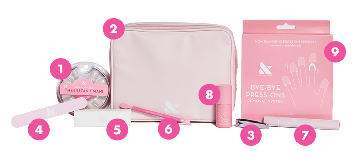 Press-On System - 4 Sets displayed with nail file, remover pot, brush, nail polish, and pink storage pouch for easy at-home manicure