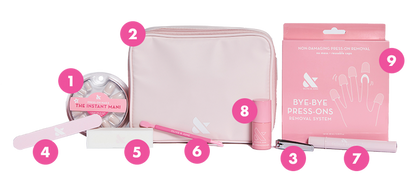Press-On System - 4 Sets displayed with nail file, remover pot, brush, nail polish, and pink storage pouch for easy at-home manicure