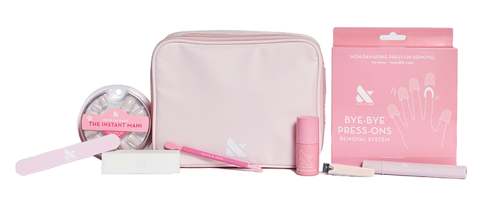 Press-On System - 4 Sets with pink pouch, nail file, remover system, polish, and manicure tools for easy at-home nail care