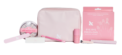 Press-On System - 4 Sets with pink pouch, nail file, remover system, polish, and manicure tools for easy at-home nail care