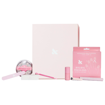 Press-On System - 4 Sets with reusable removal tools, nail prep brush, and storage box for easy at-home manicure care