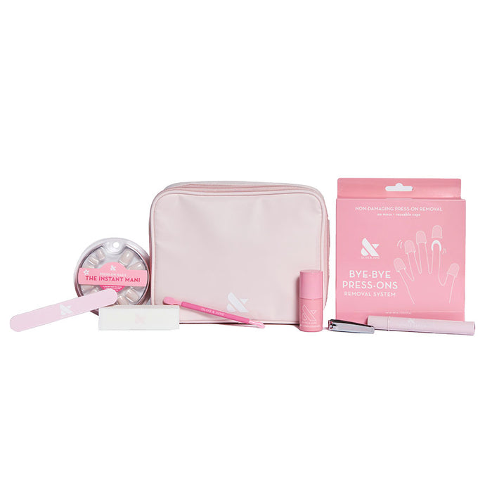 Press-On System - 4 Sets with pink storage pouch, nail tools, polish, and remover kit for easy at-home manicure care