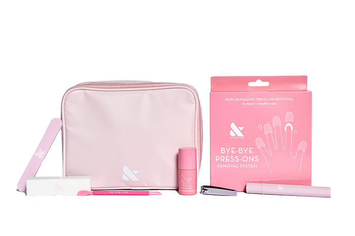 Press-On System - 4 Sets with removal system, nail tools, polish, and pink pouch for easy at-home mani care by Olive and June