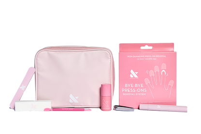 Press-On System - 4 Sets with removal system, nail tools, polish, and pink pouch for easy at-home mani care by Olive and June