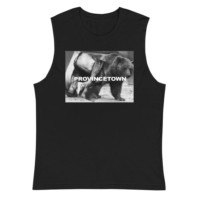 Clean flat front view of black unisex Naro Pinosa Provincetown bear muscle shirt. Bear Week 10th anniversary reissue, Adam's Nest Provincetown.