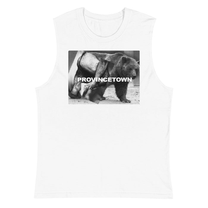 Clean flat front view of white unisex Naro Pinosa Provincetown bear halftone muscle shirt. Bear Week graphic, Adam's Nest queer-owned boutique Provincetown