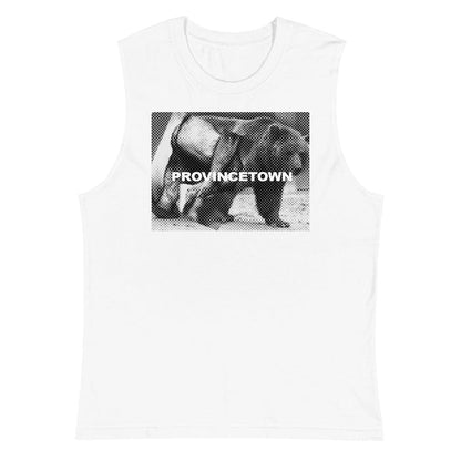Clean flat front view of white unisex Naro Pinosa Provincetown bear halftone muscle shirt. Bear Week graphic, Adam's Nest queer-owned boutique Provincetown