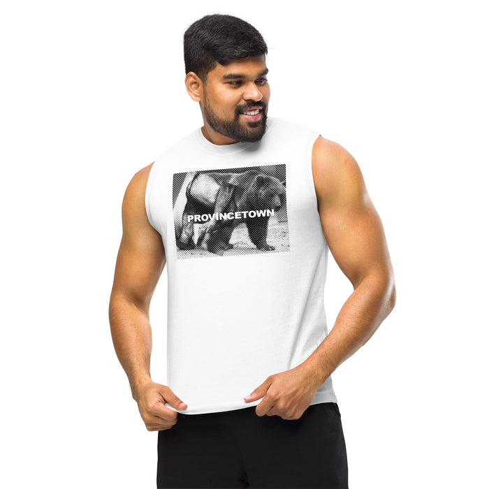 Larger build male model wearing white Naro Pinosa Provincetown bear muscle shirt. Bear Week 10th anniversary reissue from Adam's Nest Provincetown MA.