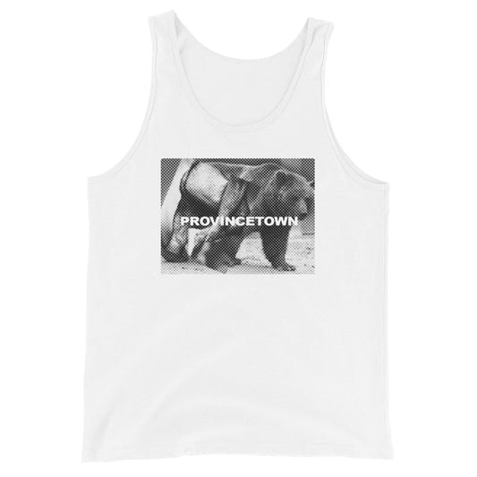 flat front view of white Naro Pinosa Provincetown bear graphic staple tank. Adam's Nest queer-owned shop, Provincetown MA.