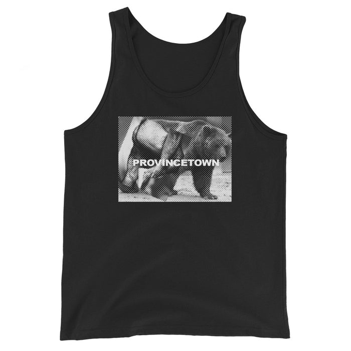 Front view of black Naro Pinosa Provincetown bear graphic staple tank. Bear Week 10th anniversary reissue, Adam's Nest queer-owned boutique.