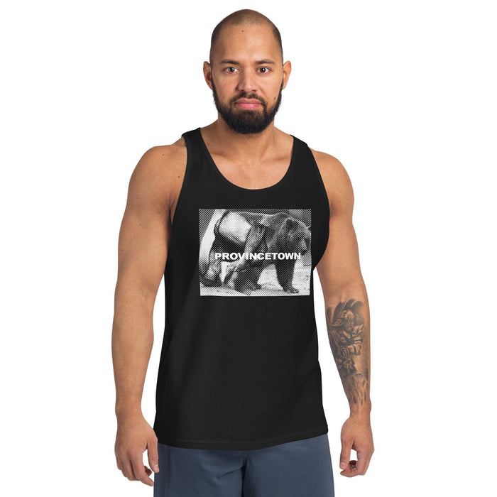 Tattooed model wearing black Naro Pinosa Ptown bear week tank top. Bear Week graphic from Adam's Nest, Provincetown.