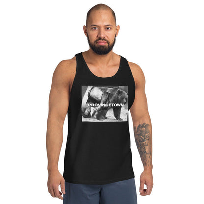 Tattooed model wearing black Naro Pinosa Ptown bear week tank top. Bear Week graphic from Adam's Nest, Provincetown.