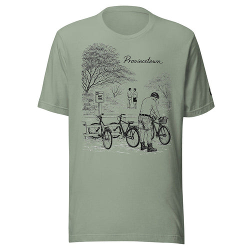 Adam's Nest x Nathan Rapport Provincetown Boy Beach Bikes unisex t-shirt in sage green, hand-drawn illustration of bikes and men in Provincetown MA by queer artist Nathan Rapport