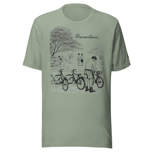 Adam's Nest x Nathan Rapport Provincetown Boy Beach Bikes unisex t-shirt in sage green, hand-drawn illustration of bikes and men in Provincetown MA by queer artist Nathan Rapport