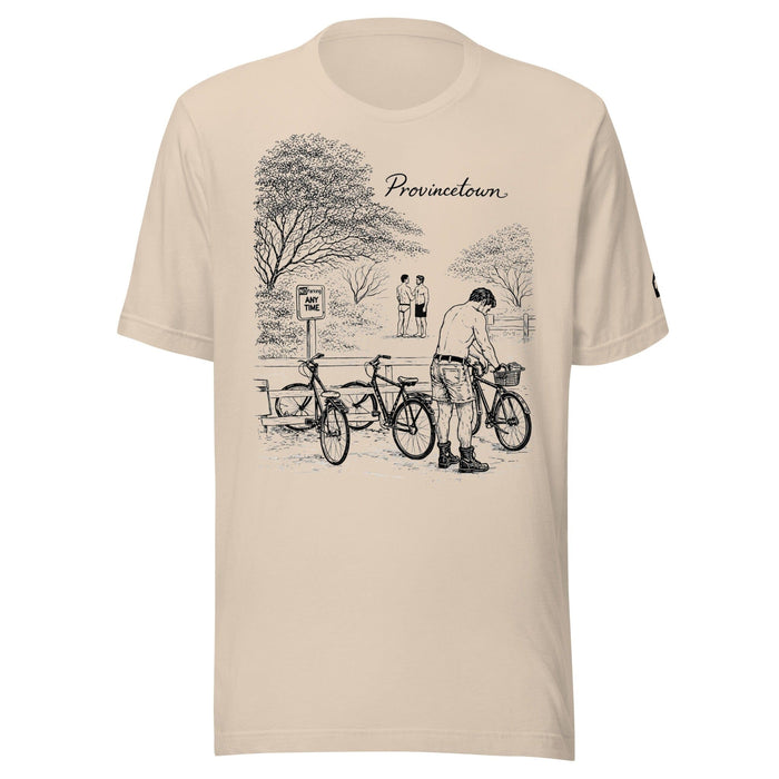 Adam's Nest x Nathan Rapport Provincetown Boy Beach Bikes unisex t-shirt in soft cream, vintage-feel hand-drawn queer illustration of Provincetown summer afternoon
