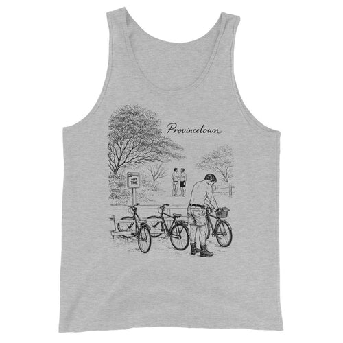 Adam's Nest x Nathan Rapport Provincetown Boy Beach Bikes men's tank top in athletic heather, featuring a hand-drawn illustration of shirtless men with bicycles in Provincetown, MA