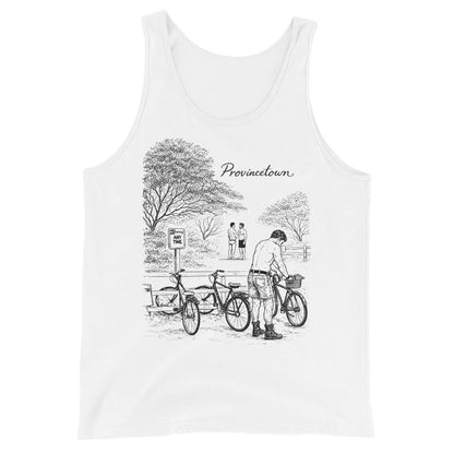 Adam's Nest x Nathan Rapport Provincetown Boy Beach Bikes men's tank top in white, hand-drawn queer illustration of bikes and shirtless men in Provincetown MA