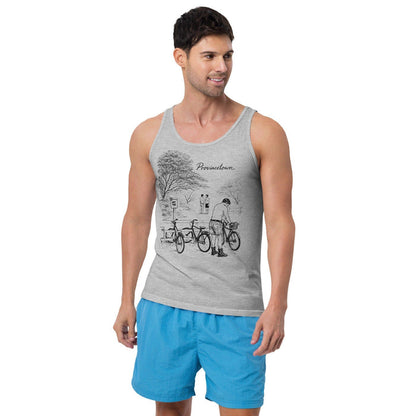 Man wearing Adam's Nest x Nathan Rapport Provincetown Boy Beach Bikes white tank top, queer-owned activist apparel brand from Provincetown MA