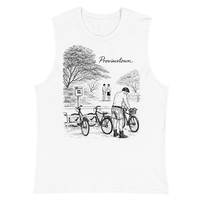 Adam's Nest x Nathan Rapport Provincetown Boy Beach Bikes unisex muscle tee in white, wide-cut sleeveless shirt with queer hand-drawn illustration of Provincetown summer scene