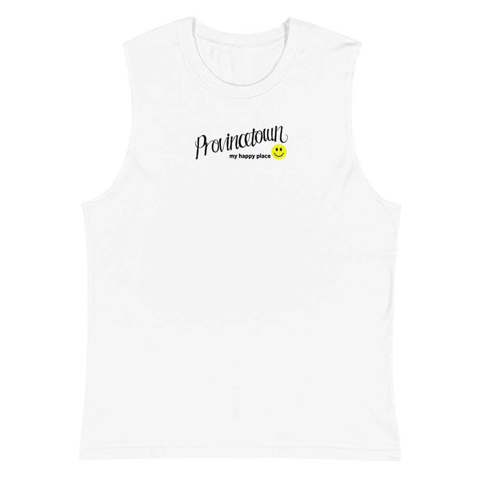White sleeveless shirt with text and smiley face on a white background