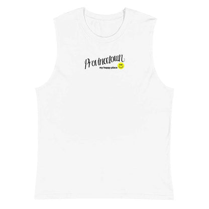 White sleeveless shirt with text and smiley face on a white background