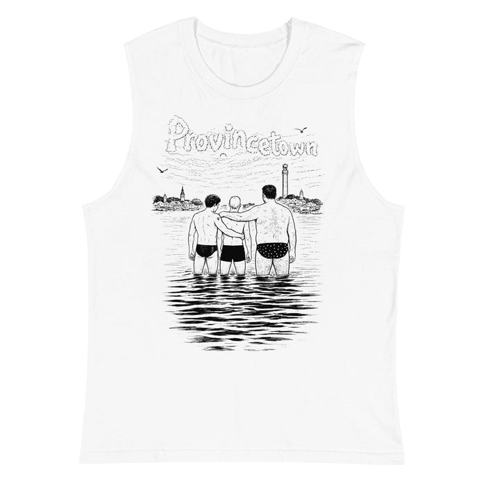 Adam's Nest x Nathan Rapport Ptown Bear Week Water Boys white unisex muscle tee, wide-cut sleeveless shirt with hand-drawn illustration of three bears in Provincetown Harbor