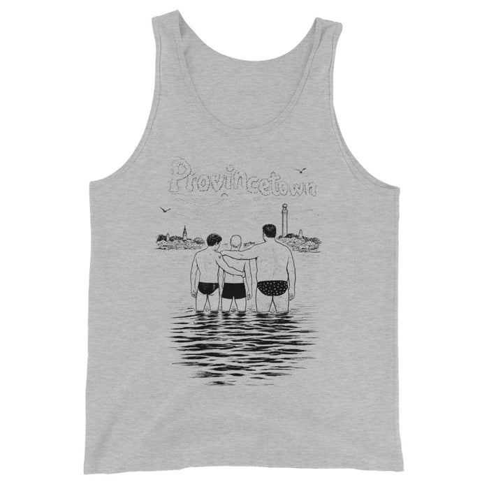 Adam's Nest x Nathan Rapport Ptown Bear Week Water Boys men's tank top in athletic heather, illustration of three bears in Provincetown Harbor with Pilgrim Monument