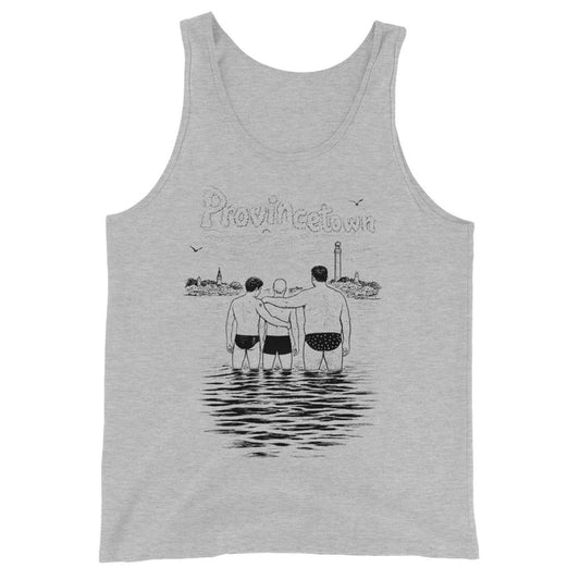 Adam's Nest x Nathan Rapport Ptown Bear Week Water Boys men's tank top in athletic heather, illustration of three bears in Provincetown Harbor with Pilgrim Monument
