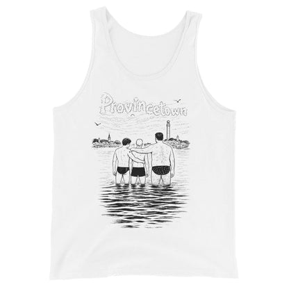 Adam's Nest x Nathan Rapport Ptown Bear Week Water Boys white men's tank top, ink illustration of three bears wading into Provincetown Harbor with town skyline and Pilgrim Monument