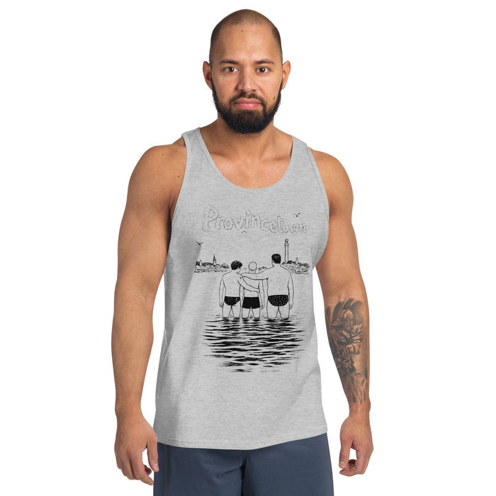 Person wearing Adam's Nest x Nathan Rapport Ptown Bear Week Water Boys athletic heather tank top, LGBTQ+ bear community apparel from Provincetown MA