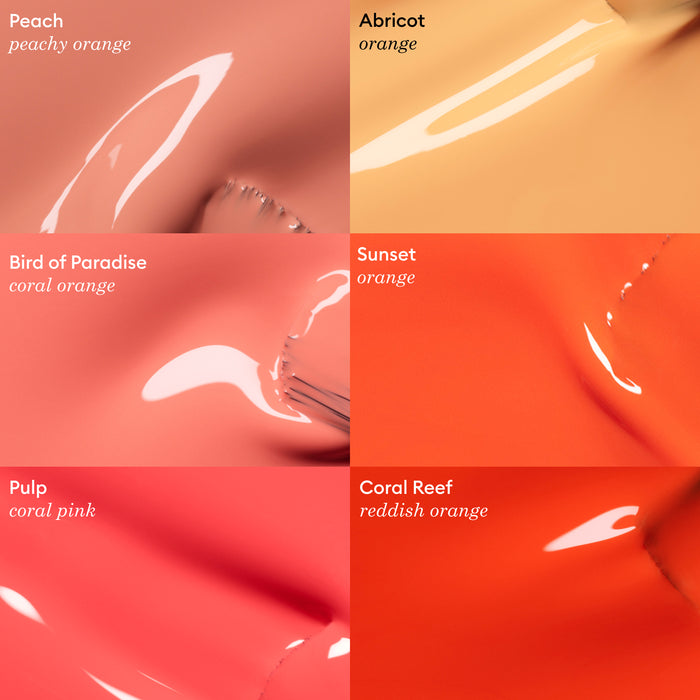 Six close-up swatches of glossy Manucurist gel polish—including the "Pulp" shade—shown in peach, apricot, deep orange, bright orange ("Pulp"), coral pink, and reddish orange, each labeled: Peach, Apricot, Bird of Paradise, Sunset, Pulp, Coral Reef.
