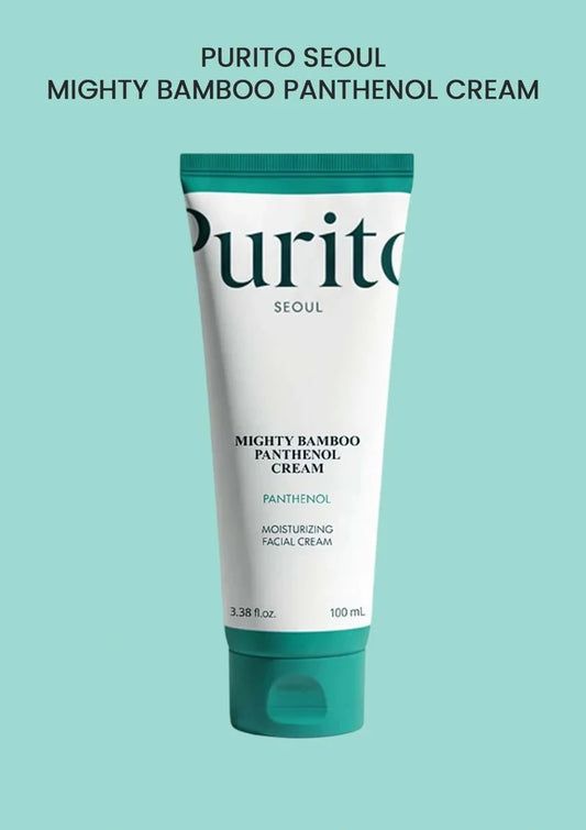 PURITO SEOUL Mighty Bamboo Panthenol Cream 100ml tube on aqua background