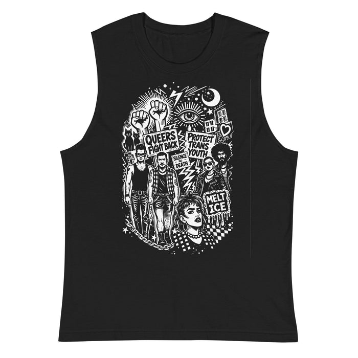 Adam's Nest x Nathan Rapport Queer Trans Protest black unisex muscle tee with bold white queer activist illustration, wide-cut sleeveless protest apparel