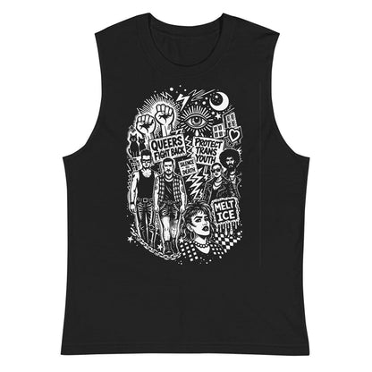 Adam's Nest x Nathan Rapport Queer Trans Protest black unisex muscle tee with bold white queer activist illustration, wide-cut sleeveless protest apparel