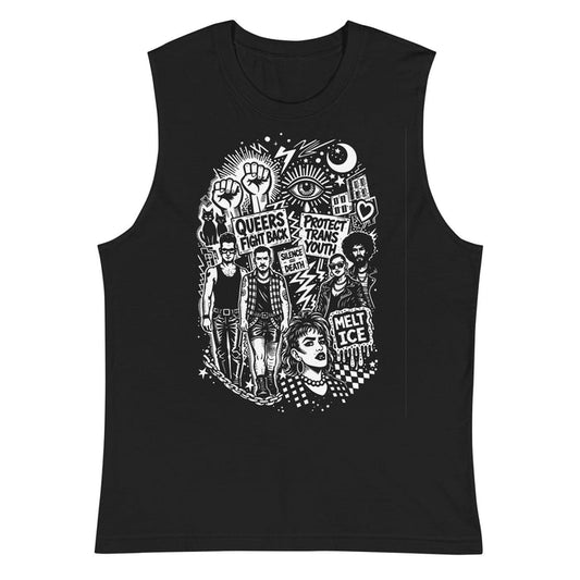 Adam's Nest x Nathan Rapport Queer Trans Protest black unisex muscle tee with bold white queer activist illustration, wide-cut sleeveless protest apparel