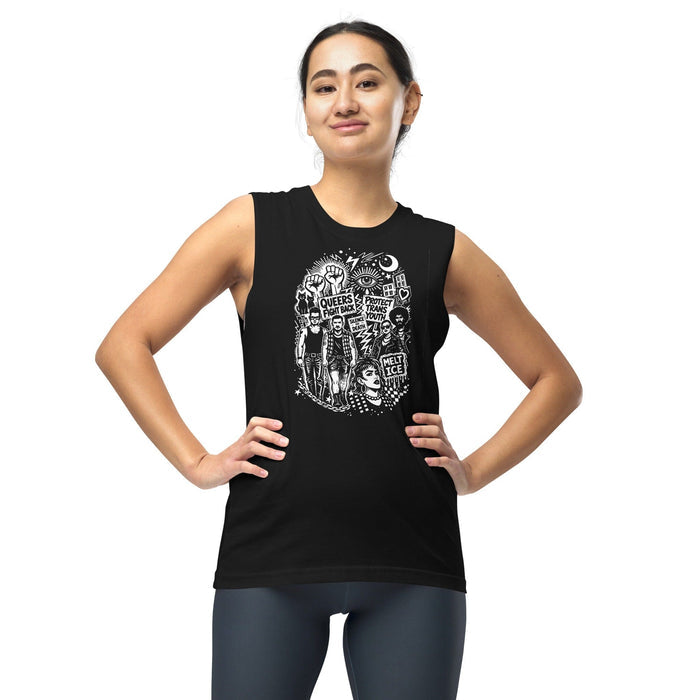 Person wearing Adam's Nest x Nathan Rapport Queer Trans Protest black muscle tee, unisex LGBTQ+ activist apparel from Adam's Nest Provincetown MA