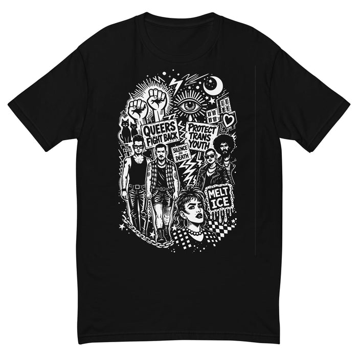 Adam's Nest x Nathan Rapport Queer Trans Protest black fitted t-shirt with white illustration of raised fists, protest signs reading Queers Fight Back, Protect Trans Youth, Silence=Death, and Melt ICE
