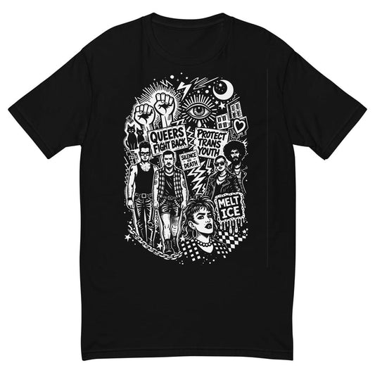 Adam's Nest x Nathan Rapport Queer Trans Protest black fitted t-shirt with white illustration of raised fists, protest signs reading Queers Fight Back, Protect Trans Youth, Silence=Death, and Melt ICE