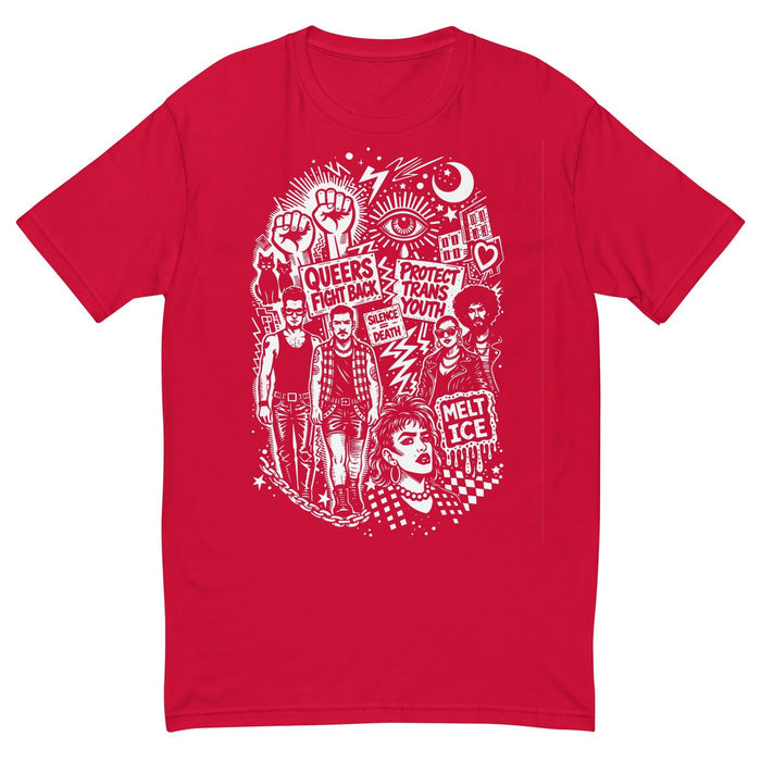 Adam's Nest x Nathan Rapport Queer Trans Protest red fitted t-shirt with white illustration of raised fists and protest signs reading Queers Fight Back, Protect Trans Youth, Silence=Death, Melt ICE