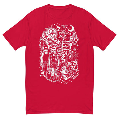 Adam's Nest x Nathan Rapport Queer Trans Protest red fitted t-shirt with white illustration of raised fists and protest signs reading Queers Fight Back, Protect Trans Youth, Silence=Death, Melt ICE